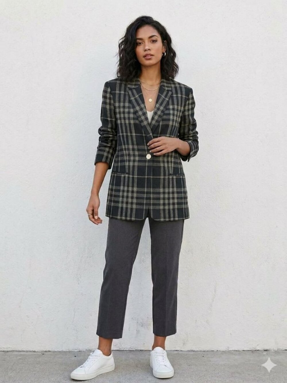 TELA Italy Linen Black White Plaid Blazer Double Breasted Oversized Jacket S